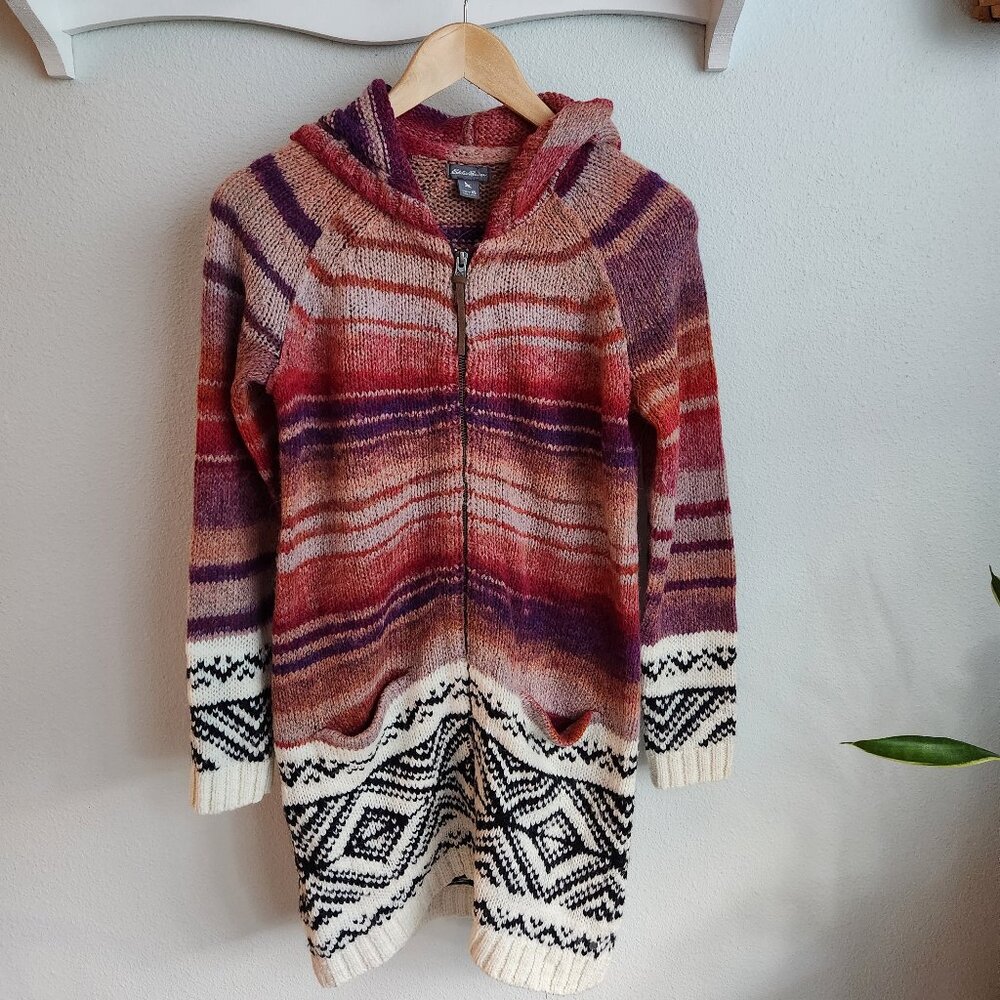 Eddie Bauer Striped Instarsia Wool Blend Midi Full Zip Sweater XS